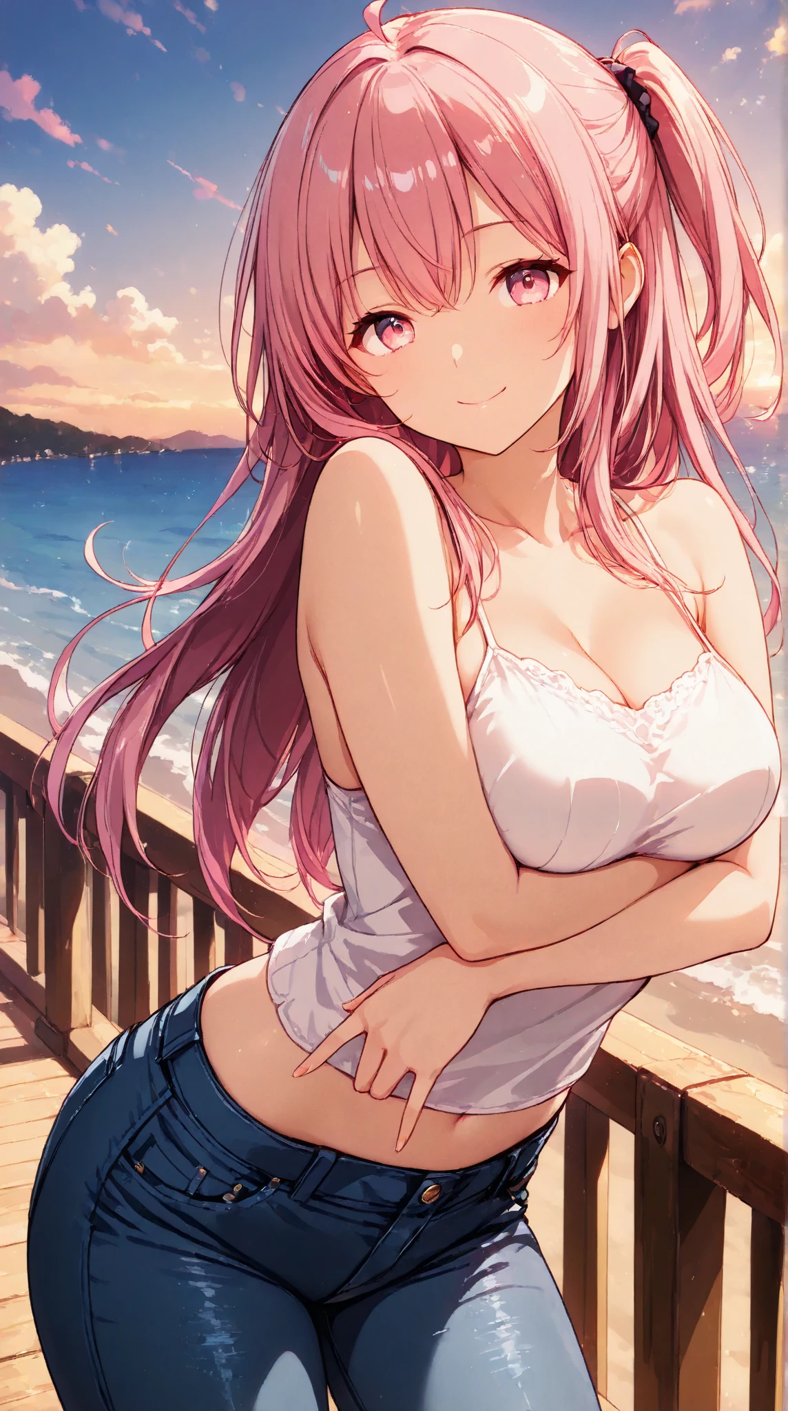 a beach with sunset views