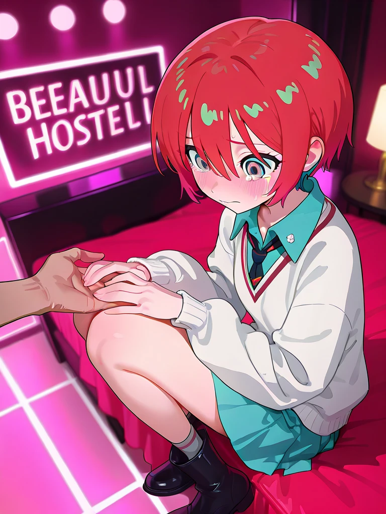 hoshino-default, hoshino \(blue archive\), heterochromia, long hair, pink hair, ahoge, halo, ,white shirt, plaid skirt, necktie, sneakers, id card,terasu mc, NSFW, One girl,small penis,Handjob,Sweat, vapor, witness, Browsing Caution,one 2Men, in hotel, bed, UHD, masterpiece, textured skin, high details, best quality, highres, anatomically correct,enraptured smile,Sensual eyes,flirty expression,8k, heart shaped, pupils.score_9, score_8_up, score_7_up, score_6_up, score_5_up, score_4_up, source anime