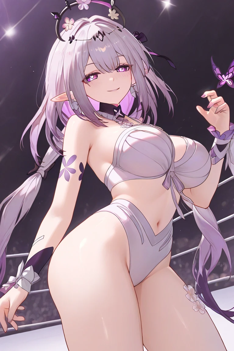 dancer,Long hair、(Purple Eyes 3.0)、bangs、Hair accessories、White hair、Symbolic eyes colorful hair、Side Ponytail、Gradient hair、(Purple Hair3.0)、Hair between the eyes、Interpupillary cross,Awkward,blush,(Perfect hands),(Perfect anatomical structure),(masterpiece),(best quality),((masterpiece、best quality、Very detailed)、((A girl))、((Purple Hair、Very long hair、Cover your eyes))、Pink Eyes、Smile、((There are many piercings))、((Very large breasts))、Shot from below、Office Background,((best quality)), ((masterpiece)), (detailed), (character focus、Breast Focus,whole body), Anime 2D Rendering, Realistic young anime women, Five fingers, Perfect face, Beautiful details, Beautiful Body, Beautiful breasts, Beautiful thighs, (Huge breasts)、Beautiful Feet, (Fair and beautiful skin), baby face、 ((Bunny Girl、(Black pantyhose), ((Grin))、She turned her face and body toward the audience,Beautiful face and charming smile,eternal,Hair Cover your eyes,(Large Breasts),Shy,Exceed,Thick Legs,Succubus,Fascinating three-dimensional,Fascinating three-dimensional,Fascinating three-dimensional,Magical girl,Black shiny,night,No backrest,whole body,Purple Hair,Purple Eyes,Bare legs,No backrest,Long hair