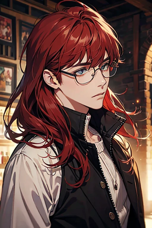 masterpiece, best quality, 1girl, red hair, yellow eyes, black overcoat, detailed eyes, detailed facial features, realistic and high resolution (best quality, 4k, 8k, highres, masterpiece:1.2), mature, woman, looking at camera, braid, mugshot, upper body, white background, close up, glasses
