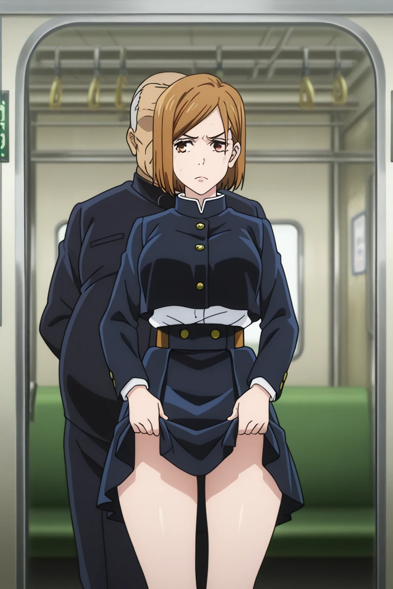 masterpiece，best quality，8k Illustration，Haibara Ai，Aoyama Gangsho style，Flowing hair，Smooth lines，best quality，The finest details，Brown hair blue eyes girl，Actress，Medium shot，The best background，Best quality，The brightest smile，Ultra Detailed，Best Illustration，The best shadow，Solitary，Uniforms, Black jacket，Light pink shirt inside, (jk brown skirt:1.2), Black knee socks, Looking at the audience, Put your hands behind your back，Small Breasts，The best costumes，Best starry night，The most beautiful proportion，The best wavy short hair，The most realistic human body structure
