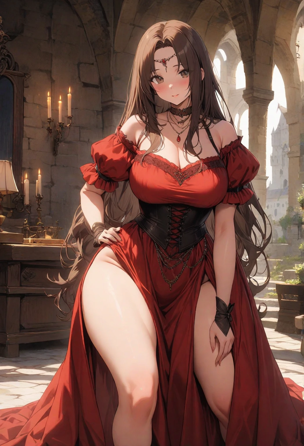 masterpiece、top-quality、((Full body drawing))、Marzensky the Horse Daughter、Marl、Horse tail、Frontal shot、Viewer's Perspective、superfine illustration、(NSFW)、sit in、Bedroom、((M-shaped legs:1.6))、(Open thighs:1.4)、Shy figure、red blush、closed eye、Sexy Beauties、extremely cute and beautiful girl、very detailed beautiful face and eyes、Detailed and exquisite eye、Beautiful eyes、Beautiful hair、Shiny brown hair、poneyTail、Long hair that reaches to the waist、Costumes that stick to the skin、red outfit、tight dresses、Long dress with waist-length slit、fuffy dress、Costumes with frills、beautiful detailed dress with many frills、(See-through long skirt:1.5)、Detailed and elaborate costumes、Solo, 1girl in、dynamic ungle、full-shot、wide Shots、(Huge ass:1.3)、(huge-breasted:2)、爆乳、Long breasts、Bust sticking to costume、Big breasts with tension、Lustrous breasts、Heavy chest、Deep cleavage、Majestic background、stain glass、