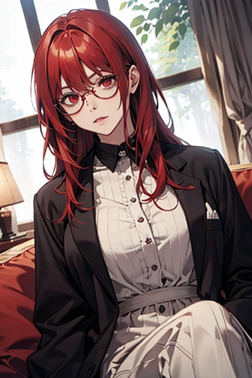 One Woman、Dark red hair、Curly Hair、Yellow Eyes、Droopy eyes、Round Glasses、Black Cutter Shirt、smile、Embarrassed、Wooden workshop、Bright lighting、anime、from above, uhd