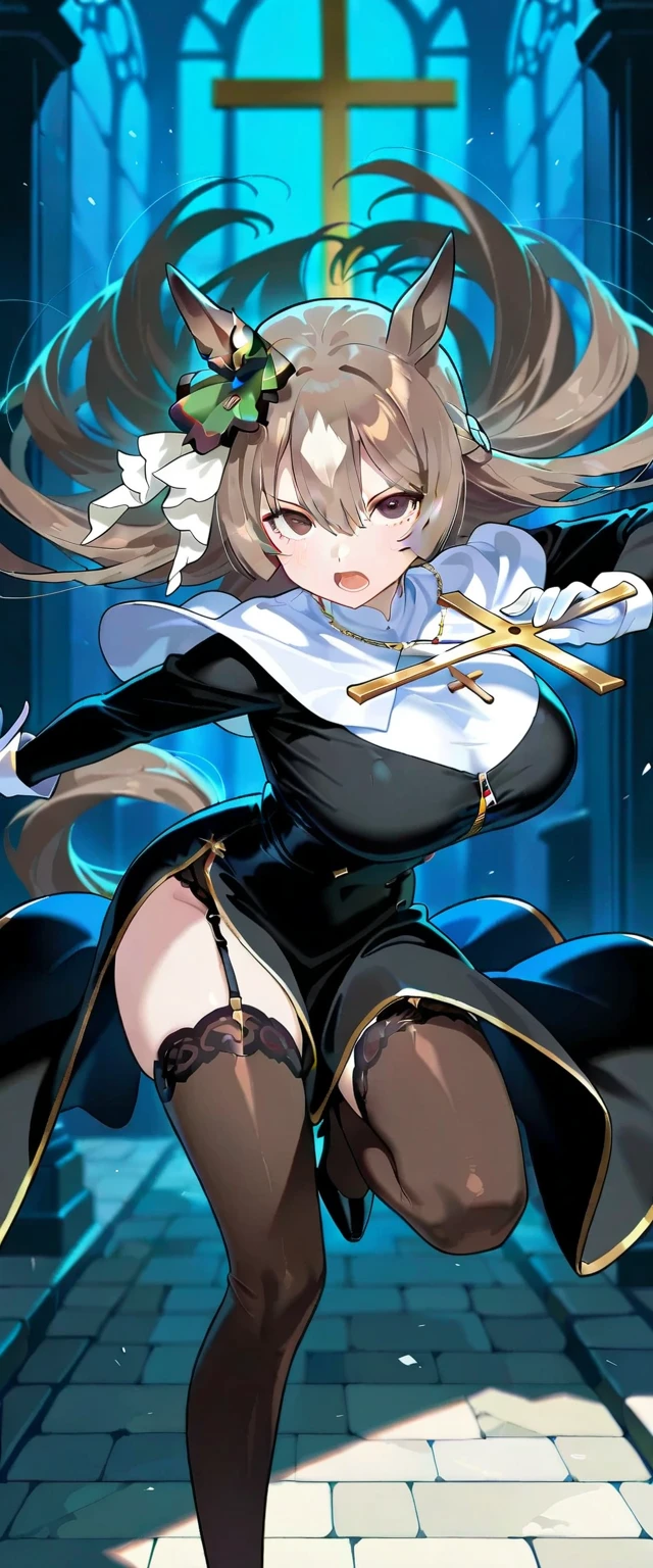 (((Masterpiece)))), (((Best Quality)))), ((((Very Detailed)))), Detailed Fingers, Precise Fingers, Non-Unnatural Hands, Gold Hair Ornament, White Sister Hat, Illustration, Black Sister Veil, Black Knee Socks, Black Shoes, Black Monastic Clothing, NIA, Dynamic Pose