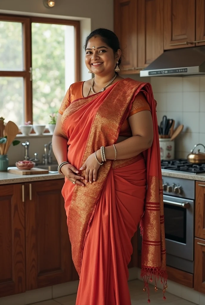 40year old heavy muscular young aged cute beautiful Kerala malayali beautiful female bodybuilder housemaid aunty , aunty in saree , Her muscular physique is highlighted by her self-assured strong biceps legs with more muscular calf with pointed high heel sandal in kitchen
