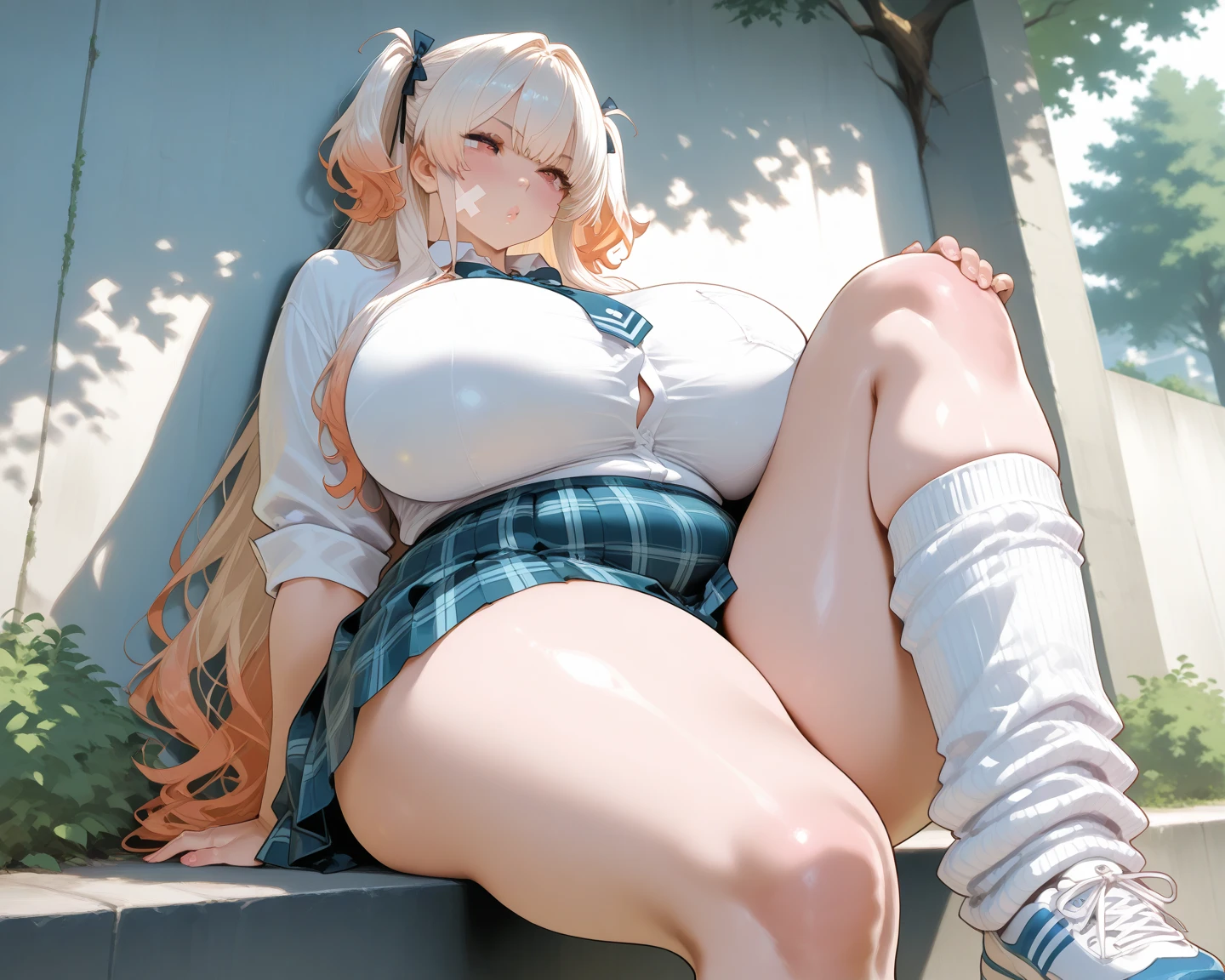 (best quality,Unparalleled masterpiece:1.4),Ultra-detailed CG 4K,blonde,Maid tiara, Loose bikini,High heel,huge,rendering,huge,squat on the ground