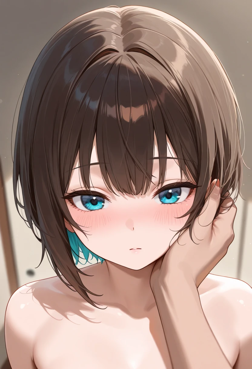 (best quality), (Super detailed), (Best Illustration), (NSFW), ((1 cute girl)), solo, look at viewer, (nude:1.3), ((hand on own chin)), ((beautiful breasts)), curvy body, (embarrassed), nose blush, sweat, brown hair, (bob cut), messy hair, curvy hair, hairs between eyes, blue eyes, (white background:1,2)