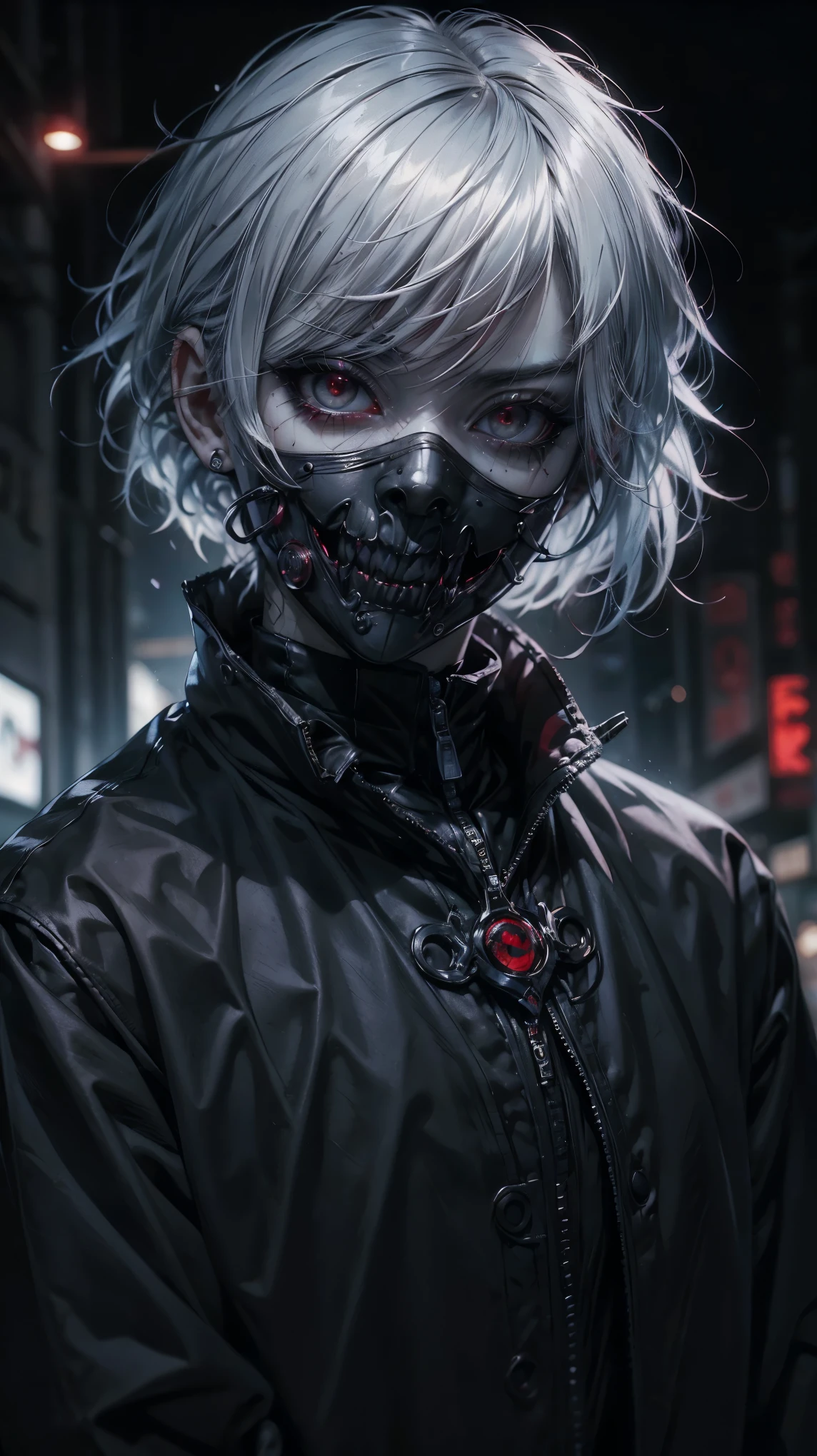 (masterpiece), (best quality), (ultra-detailed), (hyperrealistic), (sharp focus), (8k), (cinematic lighting), TOKYO GHOUL, shot from below, LOW view, forced perspective, Close-up major, raw, looking at the camera, pale skin, girl, ghoul, kaneki ken, (big eyes1:3), ultra detailed eyes, ghoul eyes, white hair, short hairstyle, Kaneki black mask, dark alley, black latex clothes, neckline, (big : 1.2), hyperrealistic skin texture, (make-up: 1.2), leaning on a wall, arms crossed, background blur, gothic, high detailed accesories, middle body, and red Kagune on back, anti- filter