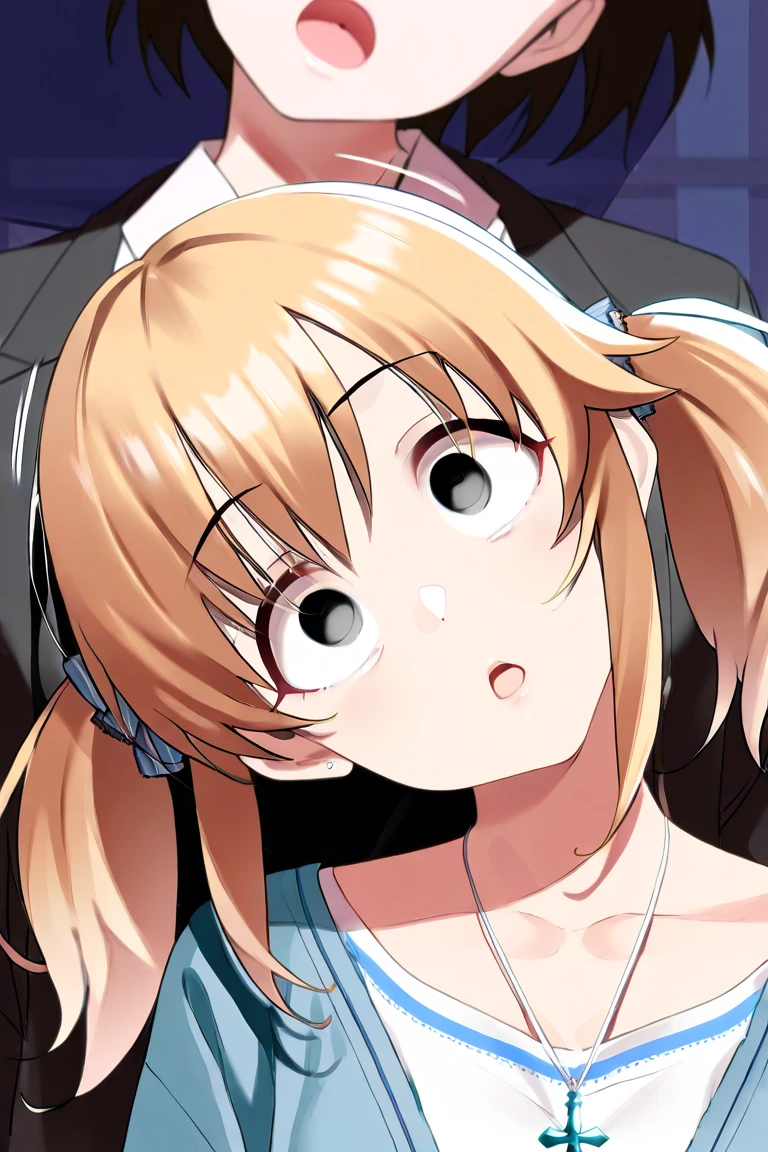 from below, 1girl, upper body,face close-up,smile, open_mouth,blood_on_face,blood_on_body, yandere, blush, yandere_trance, shadow_on_eyes, shaded_face,hands_on_own_cheeks, hands_on_own_face,looking_at_viewer, bare_shoulders,bare_arms,Dark Environment,hell,masterpiece, best quality, very aesthetic, absurdres, horror, blood,death,ruin,black background,kousaka_kirino, ore no imouto ga konna ni kawaii wake ga nai, orange hair|brown hair, long hair, floating hair, shiny hair, blue eyes|aqua eyes, pink hairclip,