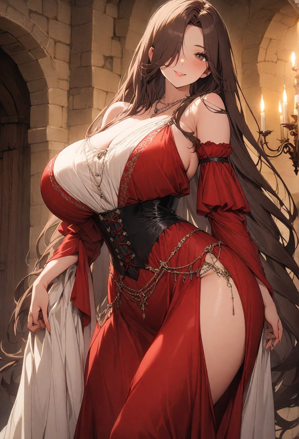 (nanatsu_no_taizai art style), masterpiece, best quality, oni girl,16k wallpaper, ultra high quality, 1girl, close up:1, (white oni horns), (gigantic chests), (dark red lacy dress), (juicy lips), (very long and beautiful dress), tight dress showing curves, detailed eyes, red eyes, colored eyes, (soft expression), detailed mouth, showing off teeth, sharp fangs, (dark brown hair), (wavy hair), long hair, very wide hips, solo, (rich garden background), dark lighting, darkness, detailed shaders, (female focus), clear face, perfect face, perfect hands