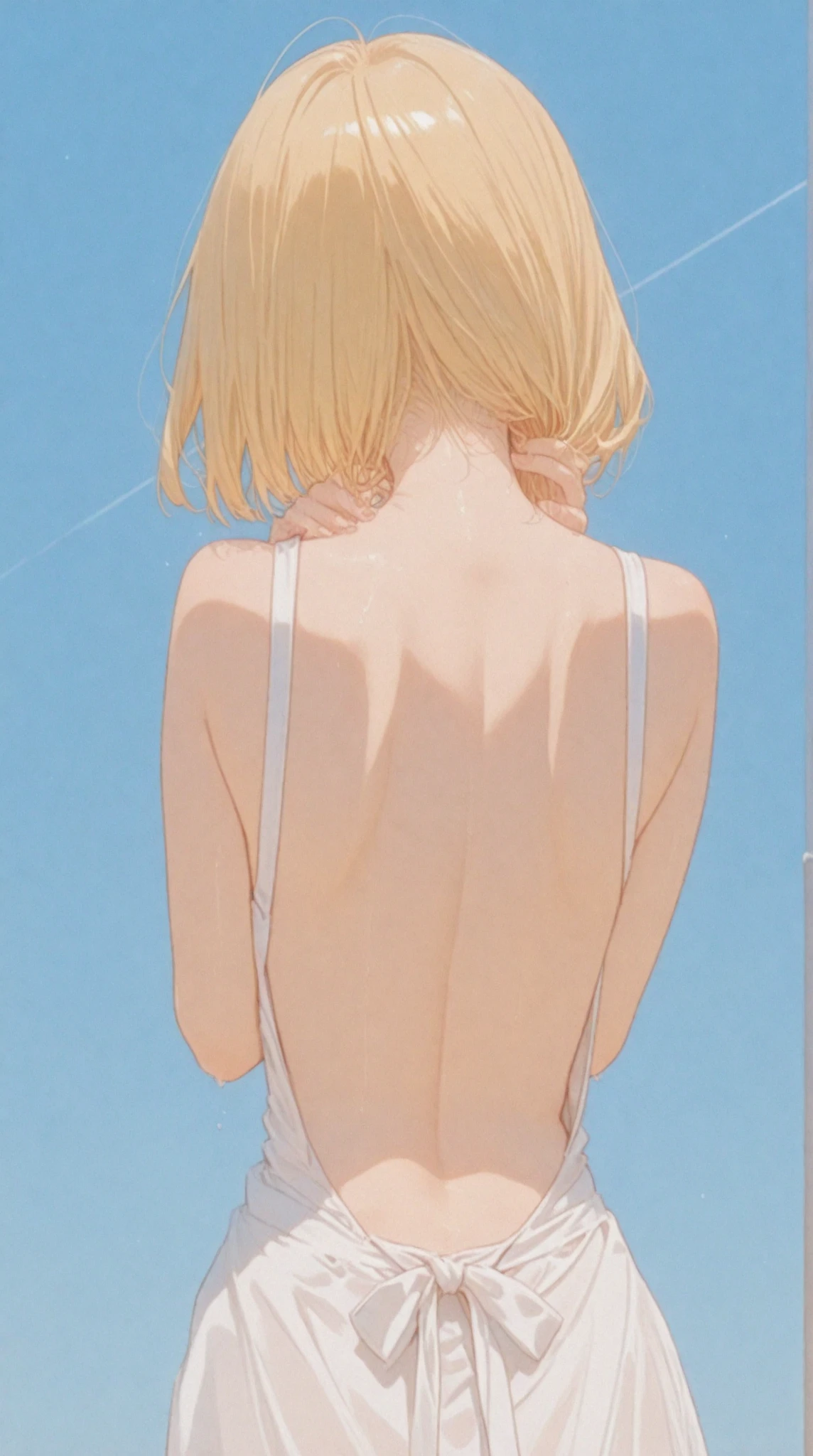 masterpiece, highres, solo, 8k, detailed, perfect face, (ultra high quality), looking viewers, small breast, sideboob, armpit, blonde hair, golden eyes, backless outfit, denim short, mini short, emotionless, flat face, perfect hands, the back, bare shoulders, bare back, from behind, looking from behind, upper body