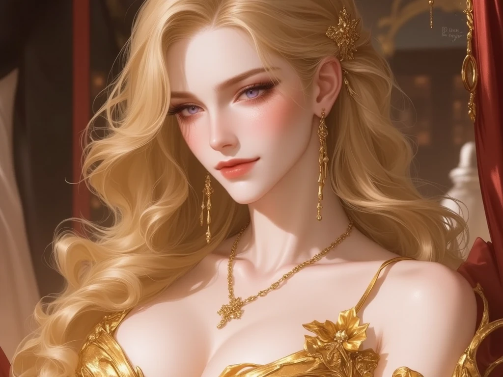 ultra detailed beautiful woman, 25 years-old woman, stunningly beautiful, yellow hair, yellow dress, yellow eyes, her whole head is visible with hair, yellow jewel necklace, earrings, yellow eyeshadow visible on her eyelids and eyeliner on her eyes, very long eyelashes, stuningly beautiful face, focus on face, holographic, light particles, ultra detailed illustration, hit definition, very bold and vivid colors, 32k resolution, best quality, volumetric lighting, “best quality”, “masterpiece", half of her body is visible, top of her dress is visible, ultra realistic, high-quality detail