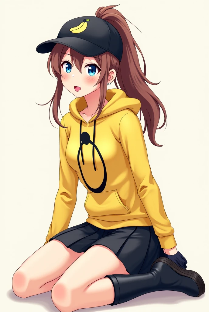 masterpiece, (best quality), vibrant colors ,natural lighting ,RTX, perfect proportions, beautiful, detailed face, (perfect eyes:1.1) ,(photorealistic:1.1), 8k uhd, outdoors, simple background, amicia michella, 1girl, solo, long hair, brown hair, long sleeves, hat, green eyes, jacket, shorts, hood, off shoulder, hoodie, black shorts, sandals, bike shorts, blue headwear, drawstring, orange hoodie, half closed eyes, Lying on the stomach, mimicking a swimming pose,  <lora:AmiciaMichella:0.8>
