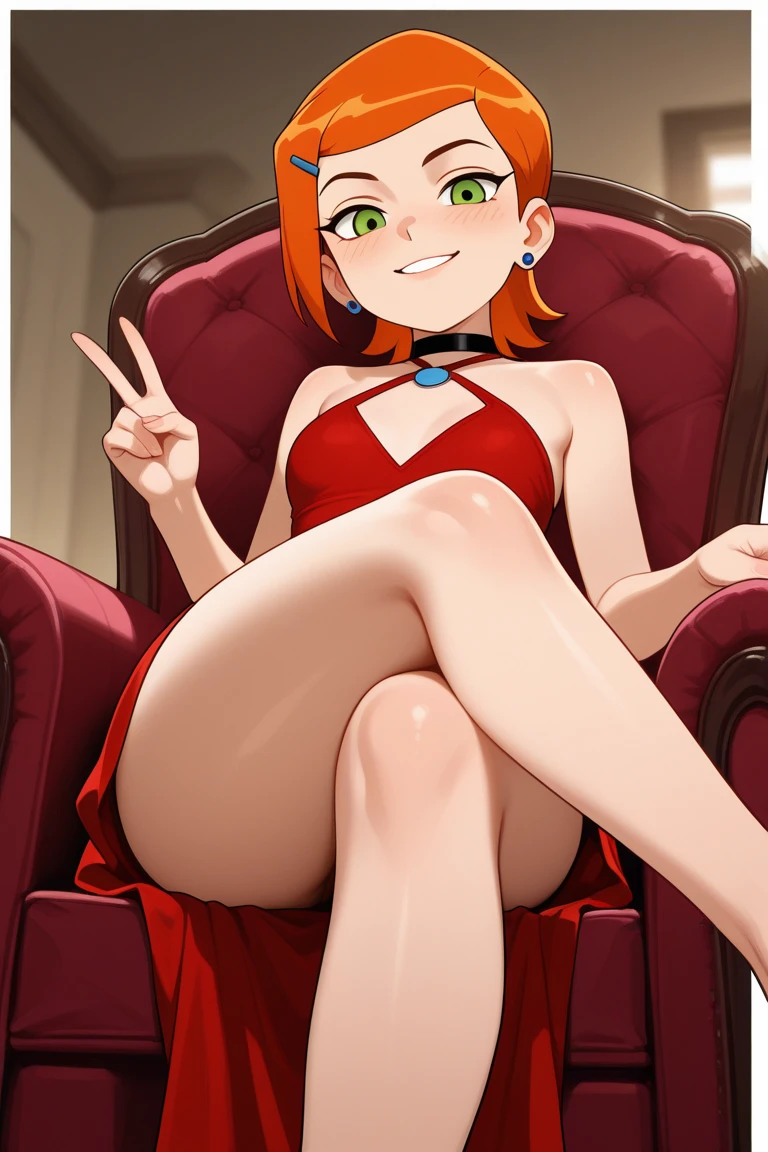 nsfw,masterpiece, best quality,solo, 1girl,18 years old,teenager,small breasts,BENTEN, <lora:urusei yatsura benten s1-lora-nochekaiser:0.7>,SHORT HAIR,(GREEN EYES:1.1),RED HAIR,HAIRBAND,sitting on ancient armchair chinese,evil_smile, looking_at_viewer, evening dress,cleavage, bare_shoulders, choker, elbow_gloves,(from_below), full_body, nightclub background, dynamic pose, dynamic lighting, hyper-realistic, photo-realistic, highly detailed,((legs focus)),toes, toenails,((red open toe shoes))