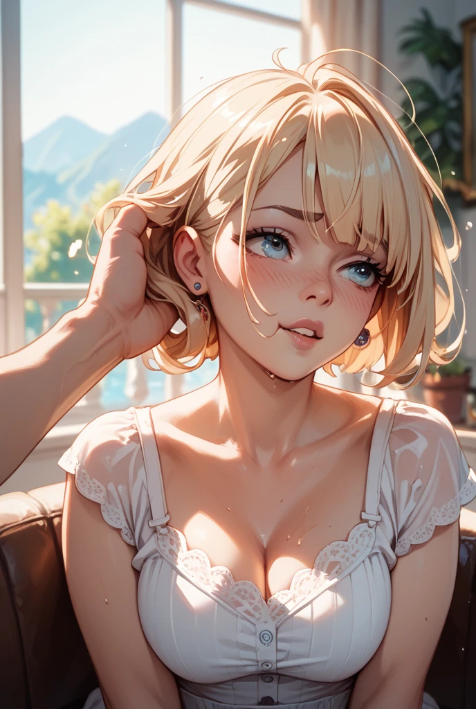 Smooth blonde hair、wavy hair、short cut hair、small earrings、glossy lips、a sad expression、embarrassed expression、Close your eyes and ask for a kiss、beg for a kiss、double eyelid、girl wearing summer clothes, 、white blouse、make it look like she wants to kiss you, (girl bending over looking at the camera), big breasts, cleavage, random background, flirty look, ((very detailed)), (perfectly detailed face), (fine hands) photorealistic images.on the bed、window、The morning sun is shining