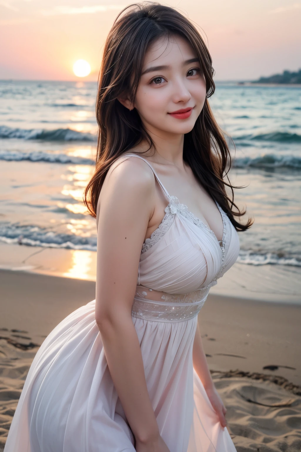 (RAW Photos, Highest quality), (Realistic, Photorealistic:1.3), masterpiece, Very delicate and beautiful, Soft Light, Beautiful detailed girl, (Detailed fingers), 1 girl, Japanese, Pure beauty, cute, young, smile, Beach,　back