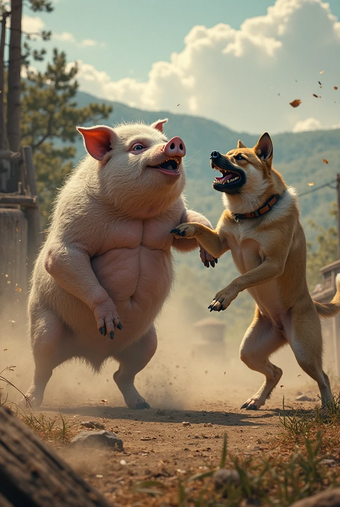 Imagine three robust and muscular little pigs. They are large and have an athletic appearance., with well defined muscles. Each one is in a power pose.
Next to them, there is a skinny wolf. He looks a little intimidated or worried, perhaps with an expression that reflects that he is not on the same physical level as the little pigs.