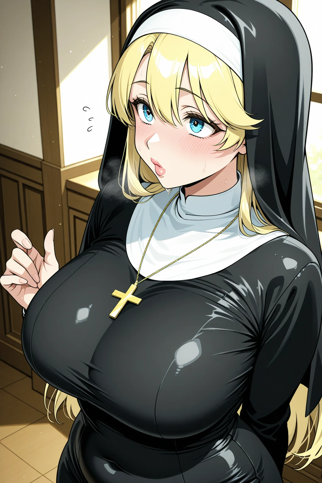((highest quality)), ((masterpiece)), (be familiar with),nsfw,girl trembling with sexual climax,cum in pussy,sweat,nun,erect nipples.