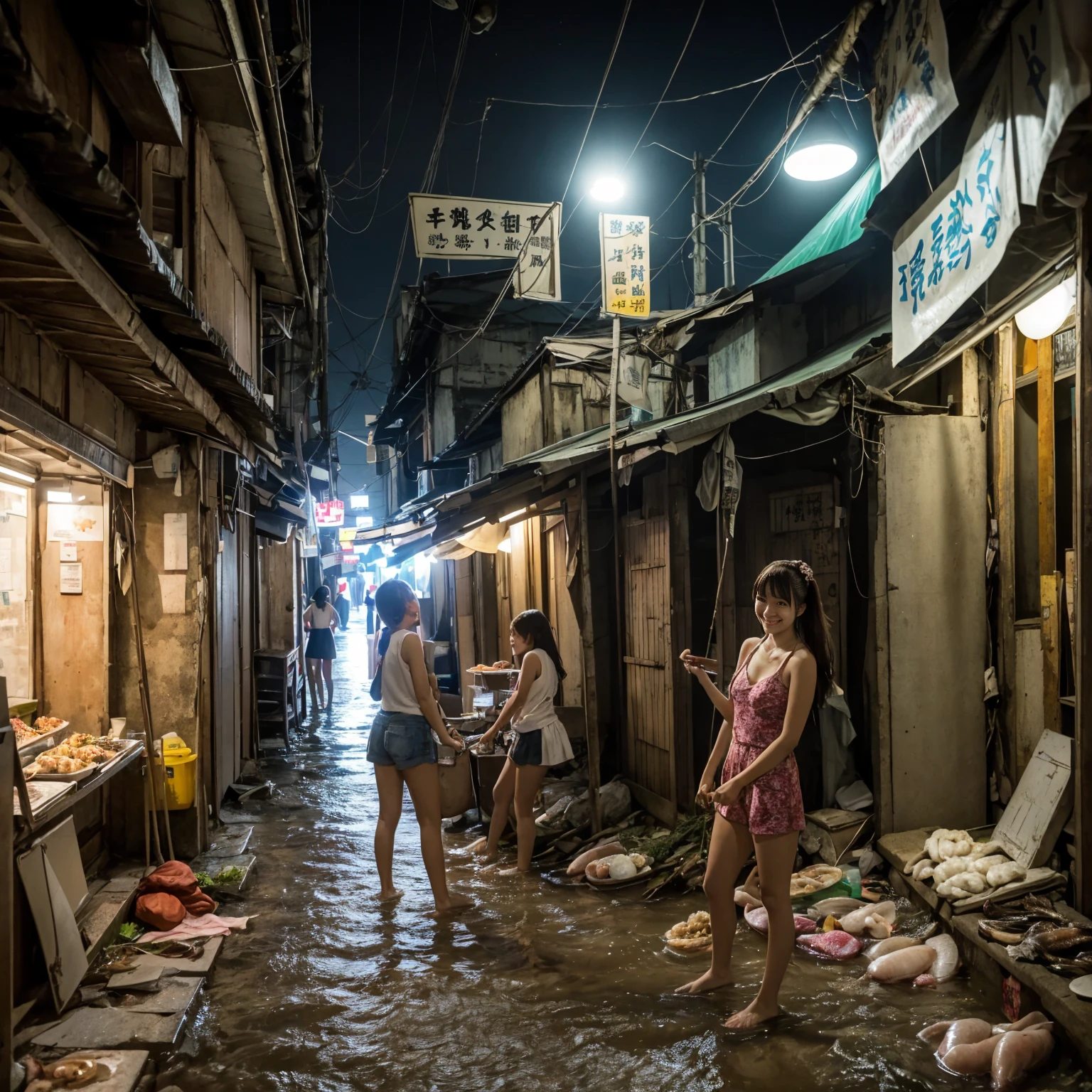 ((masterpiece、Highest quality))、(Thin underground shopping mall)、Naked Girlたちが集まる、Naked Girl、tits、Dirty and old clothes、Abandoned hot spring town、Indoor hot spring facilities、(Detailed and cute face:1.3)、Poor conditions、stage、sewage、Dirty shop、street vendors、Unsanitary and abandoned city、smile、diet、Poor person々