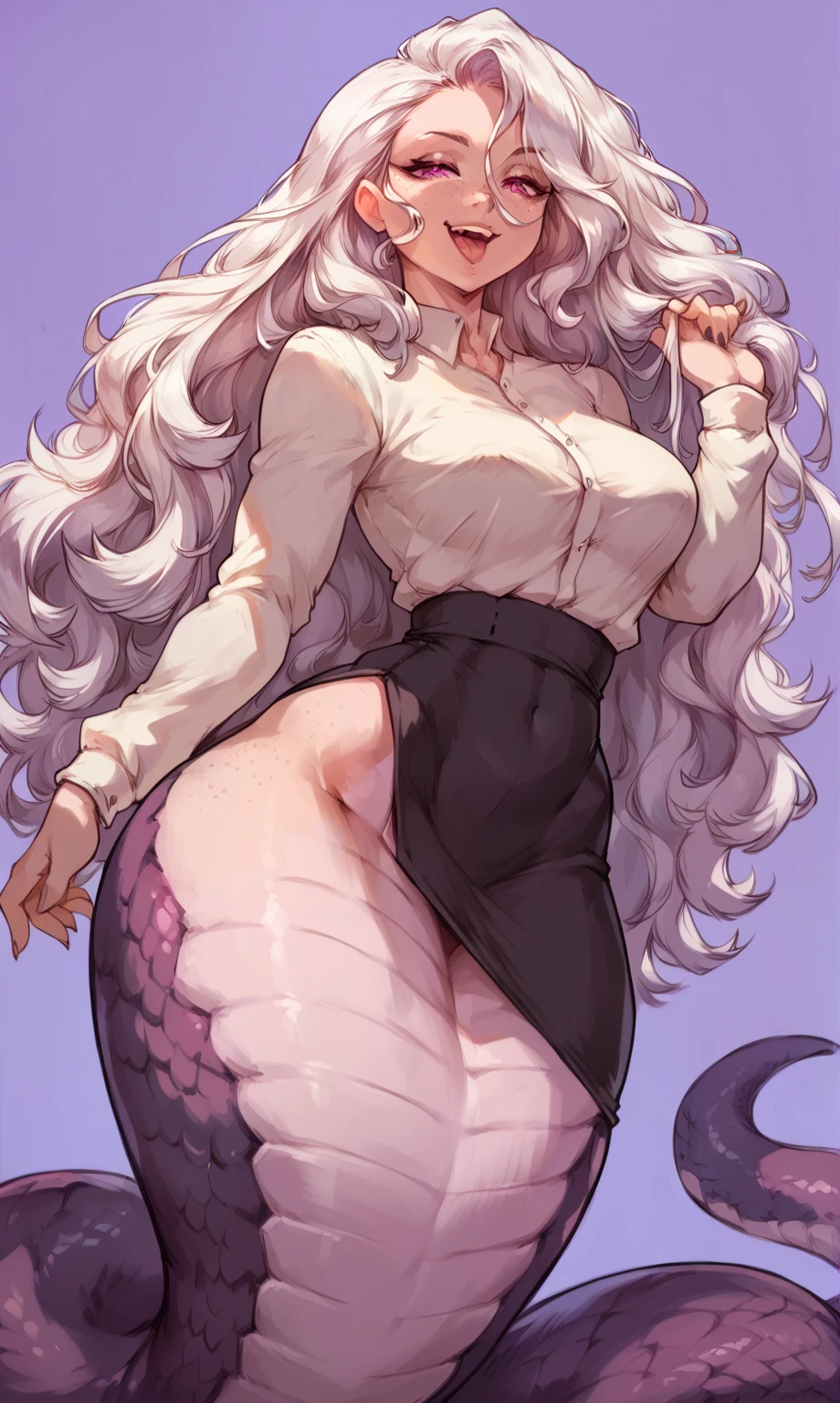 (((solo girl masturbating cumming orgasm))) female anthro Lamia, long fluffy hair, fluffy hair, Lamia, (big breasts:1.5), attractive,naked, puff_pussy, Lamia body, Lamia tail, thicc, freckles, freckles on face, sexual expression, smug eyes, (happy sexual expression, moaning with open mouth and tongue out viseble saliva, sweting body, wet body),lying down, pov from front and above,  Lamia pussy, violet background, simple background