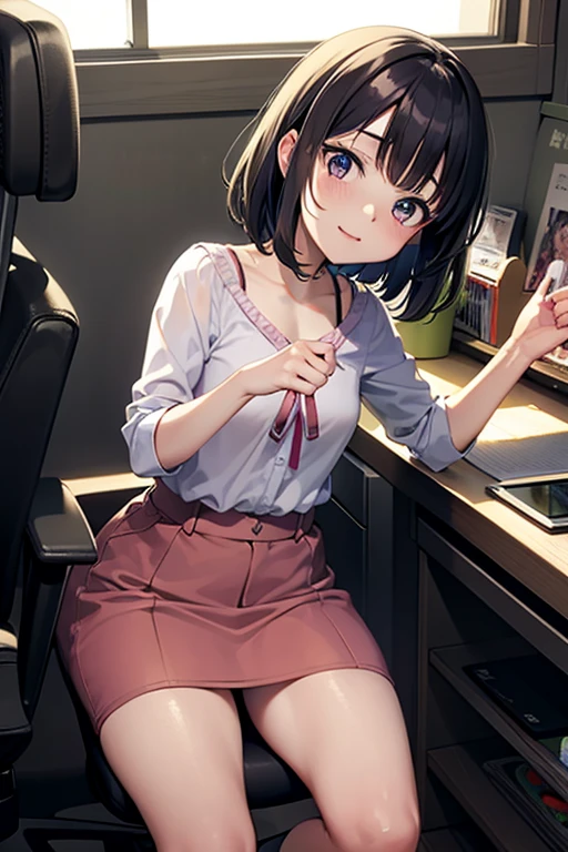 Katoumegumi, Megumi Katou, Brown Hair, short hair, (Brown eyes:1.5),happy smile, smile, Open your mouth, Red Tank Top Shirt,White long skirt,Black pantyhose,Stiletto heels,Open your mouth,sitting cross-legged on a chair,There is a computer and food on the table,interior,whole bodyがイラストに入るように,
break looking at viewer,whole body,
break indoors, office,
break (masterpiece:1.2), Highest quality, High resolution, unity 8k wallpaper, (shape:0.8), (Beautiful and beautiful eyes:1.6), Highly detailed face, Perfect lighting, Extremely detailed CG, (Perfect hands, Perfect Anatomy),