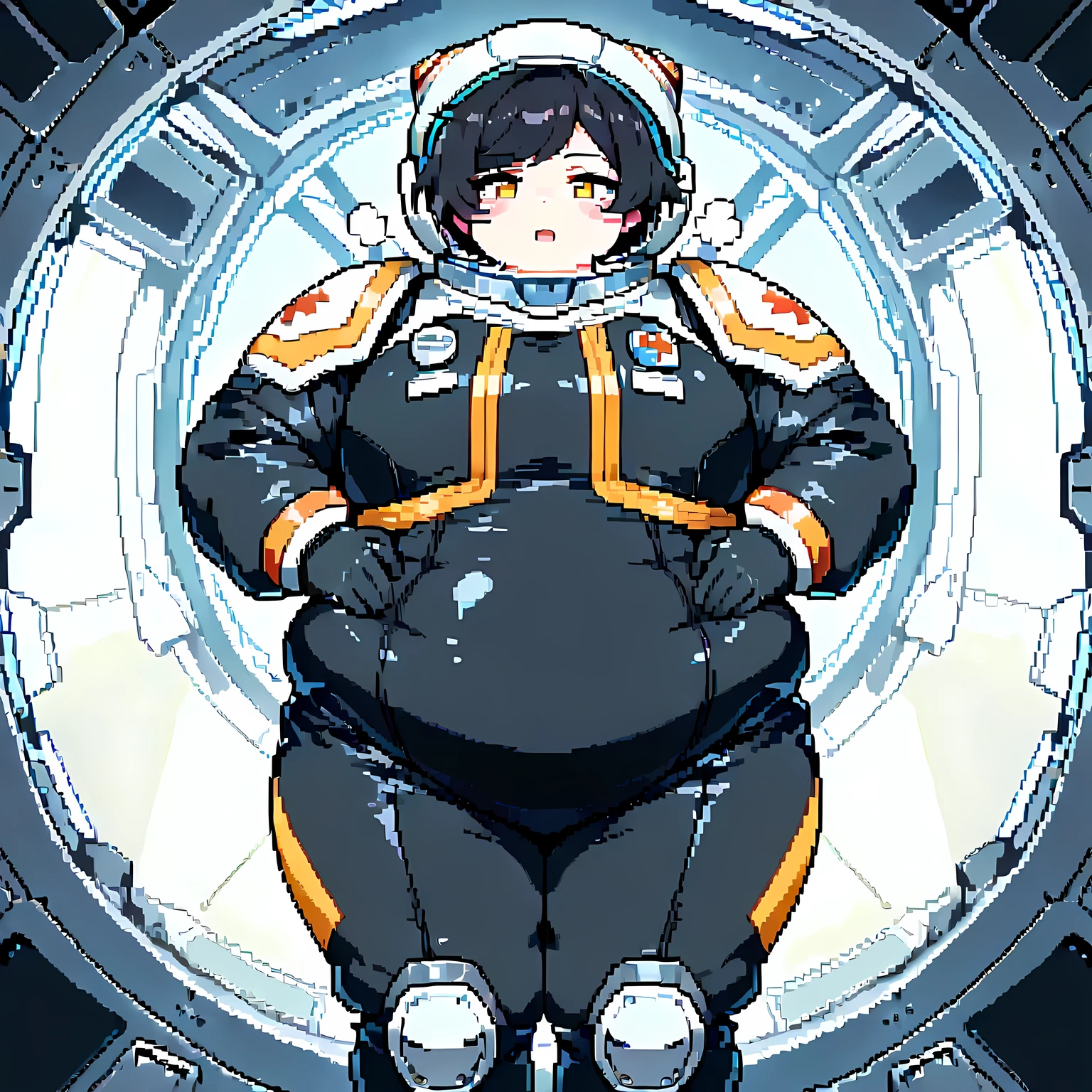 Obese space fighter pilot girl, (bodysuit): 1.4, fat rolls, medium length black hair, ahoge, solid white background, cool pose, character select portrait, brown eyes, extremely obese, chubby