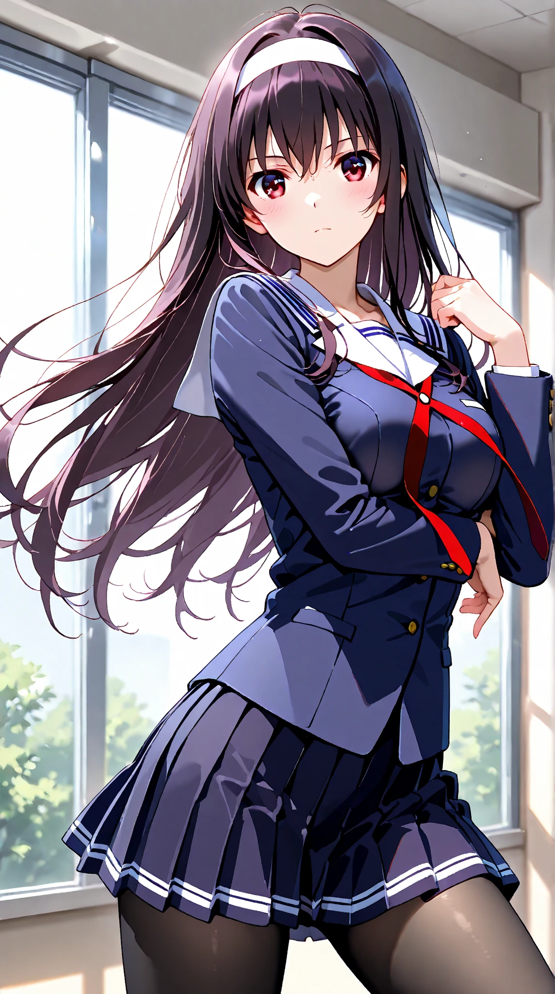 ((masterpiece, highest quality, High resolution, UHD, perfect pixel, Depth of bounds written, 4K, rtx, HDR))), komi_shouko, shokokomidef、1 girl、draw the whole body、perspective from below、pure white skin, beautiful art style, (long straight hair, bangs, purple hair:1.2,)( curly hair:0.3), White hairpin、((dark purple eyes:1.4, round eyes,droopy eyes、beautiful eyelashes, realistic eyes)),, ((smooth texture:1.2, realistic texture:1.1, realistic:1.1, The wind is blowing、Anime CG style)), medium breasts, perfect body, ((portrait, throw)), ((red bow tie, , navy blue jacket, open jacket, white shirt, red pleated skirt、white panties)), smile, open your mouth、teeth、Skirt flips in the wind