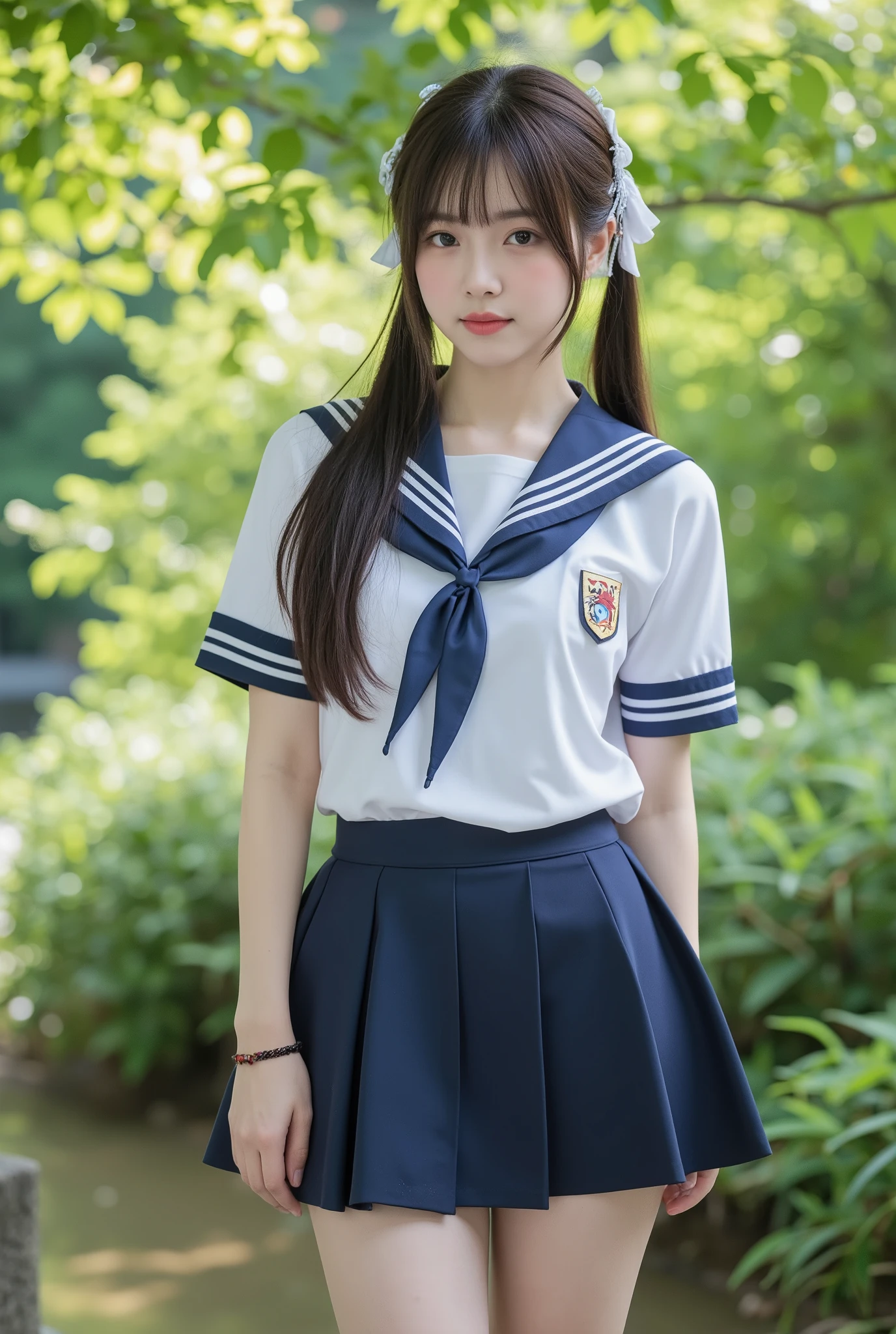 realistic, white, sailor suit, , 12 years old, girl, black hair, black eye, ponytail, straight hair, small, small, face, , whole body, Happy, face, classroom, clear eyes, Navy blue, pleated skirt, 3D, small, mouth,
