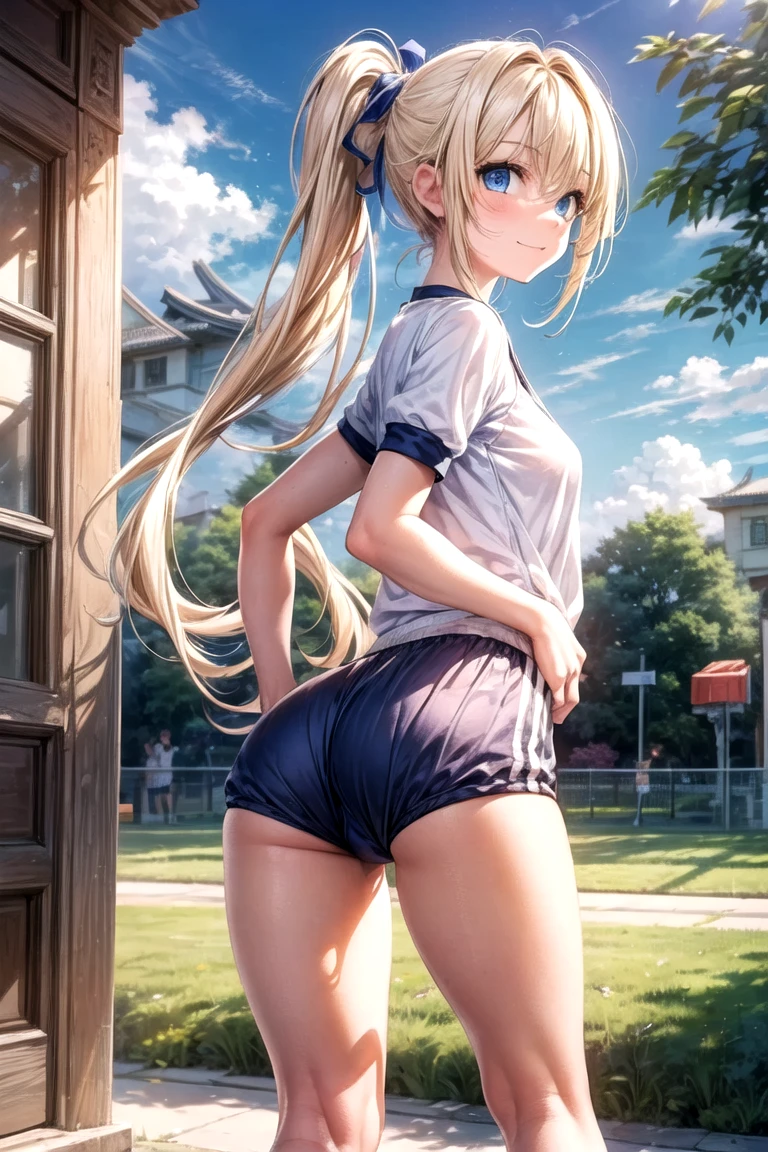 1 boy, solo, 1 boy, solo, solo, masterpiece, best quality, 18 years old, slim, runners body, link, elf, tan skin, long blonde hair, view from behind, school outfit, pleated skirt, pantsu, upskirt,