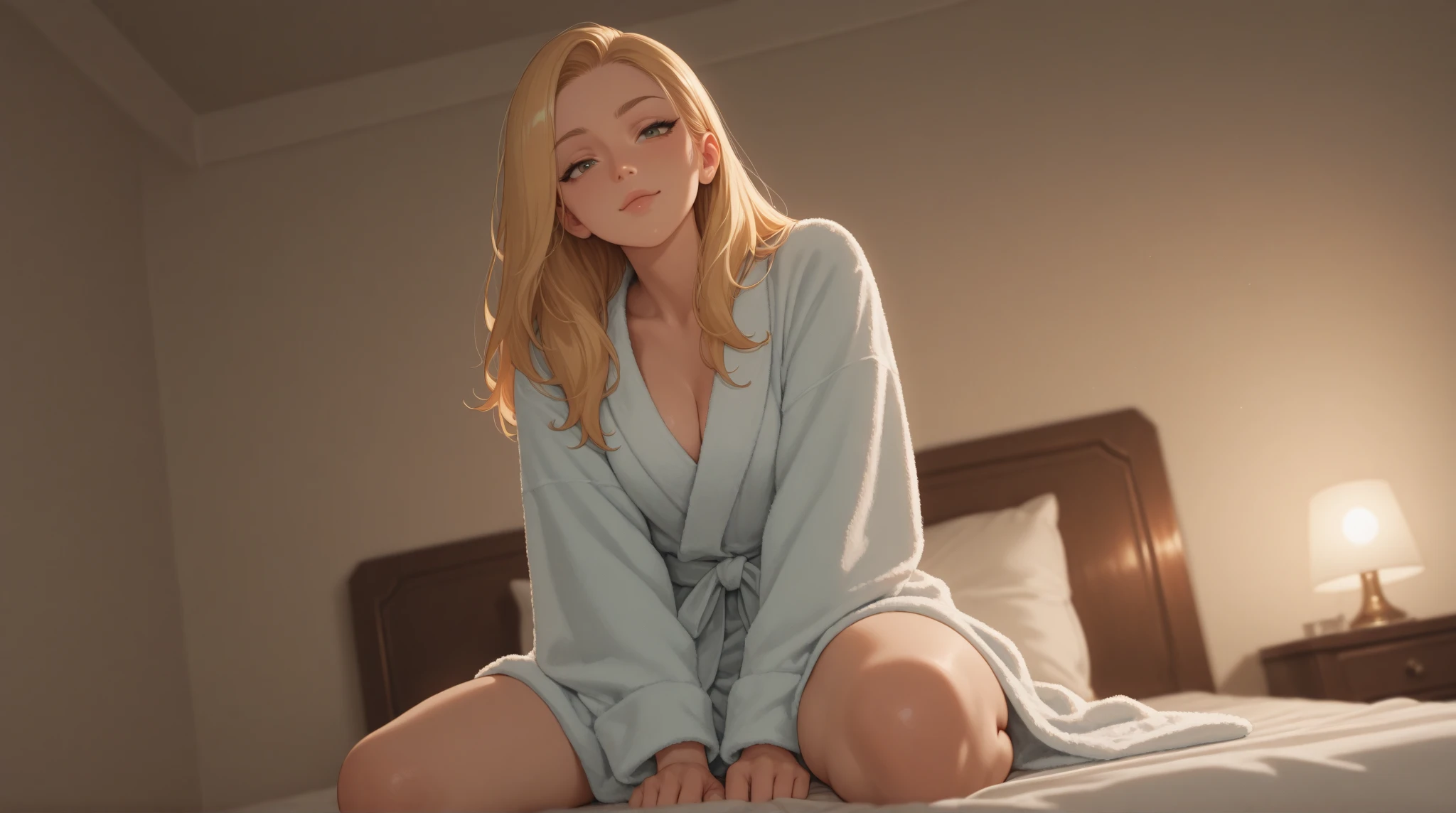 Chica rubia de pelo corto desnuda en una cama con las piernas abiertas en primer plano