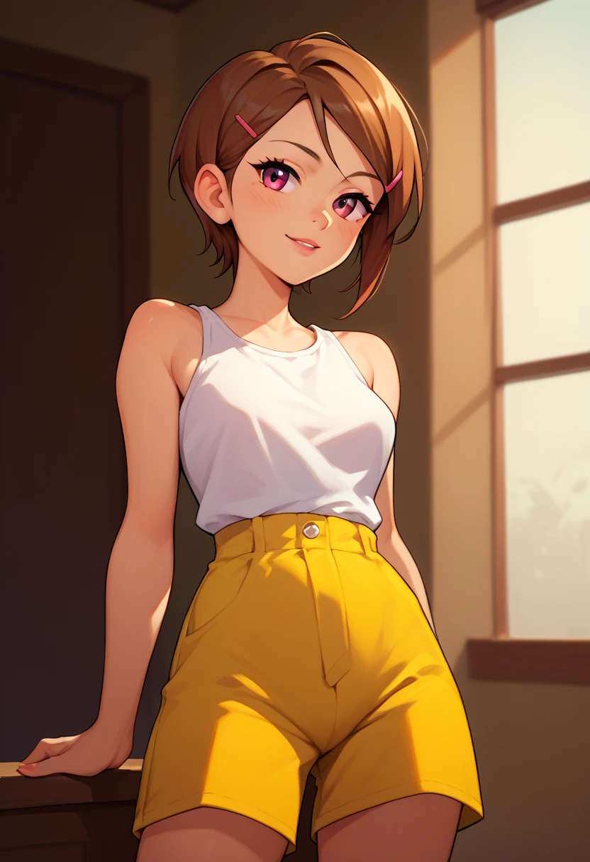 (Masterpiece), cowboy shot,8k wallpaper, solo, realistic anime, Watanabe you, standing, yellow crop top, short sleeves, pink pants,thighs, sunny day,blue eyes, beautiful detailed face and eyes, detailed background ,park street , arms behind back, looking away, closed mouth