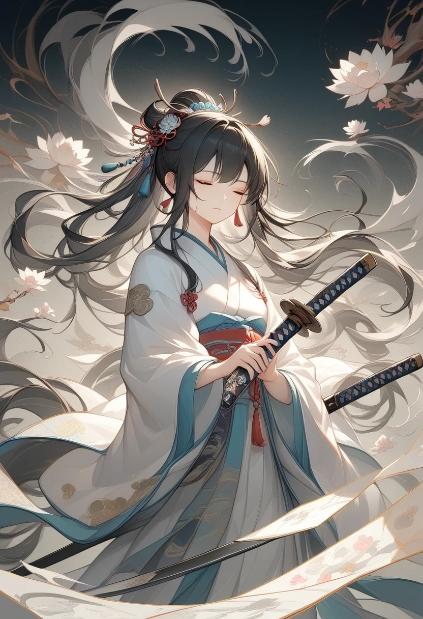 a close up of a woman with a sword in a white dress, a character portrait by Yang J, trending on cgsociety, fantasy art, beautiful character painting, artwork in the style of guweiz, guweiz, white hanfu, flowing white robes, full body wuxia, epic exquisite character art, stunning character art, beautiful female assassin