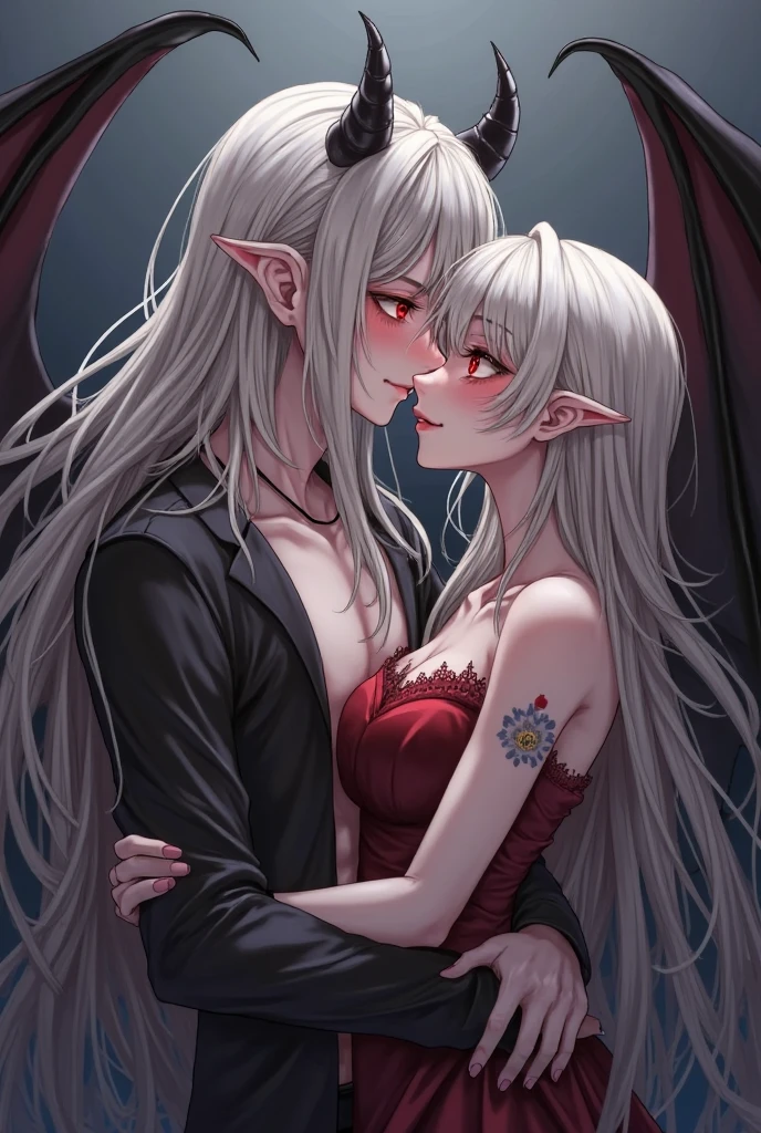 a anime girl race succubus with long white hair hugging anime boy king of satan with muscle and black short hair 