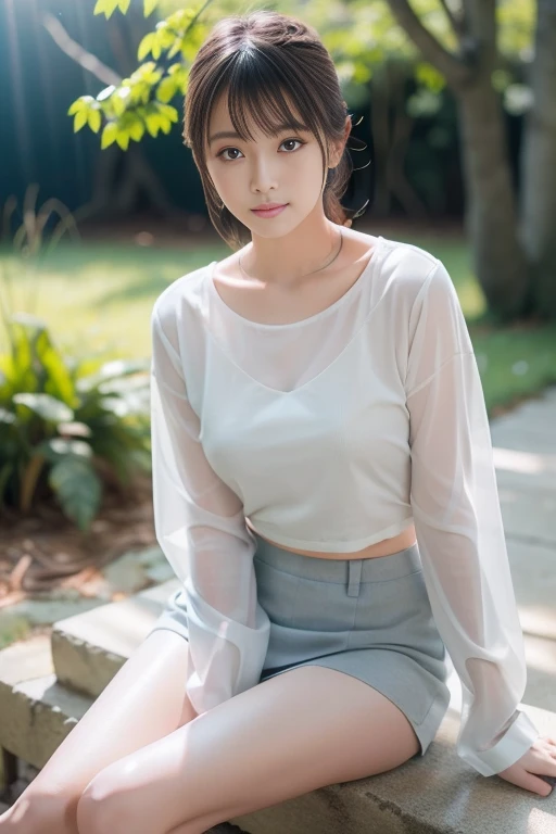 ((top quality, 8k, masterpiece: 1.3, raw photo)), Sharp Focus: 1.2, (1 aespa Girl: 1.2), (Realistic, Photorealistic: 1.37), (Face Focus: 1.1), Cute face, tenderness, small breasts, flat chest, short messy hair, spread legs, beautiful woman sitting on a country road at dusk, white summer casual shirt, sunlight, cinematic lighting