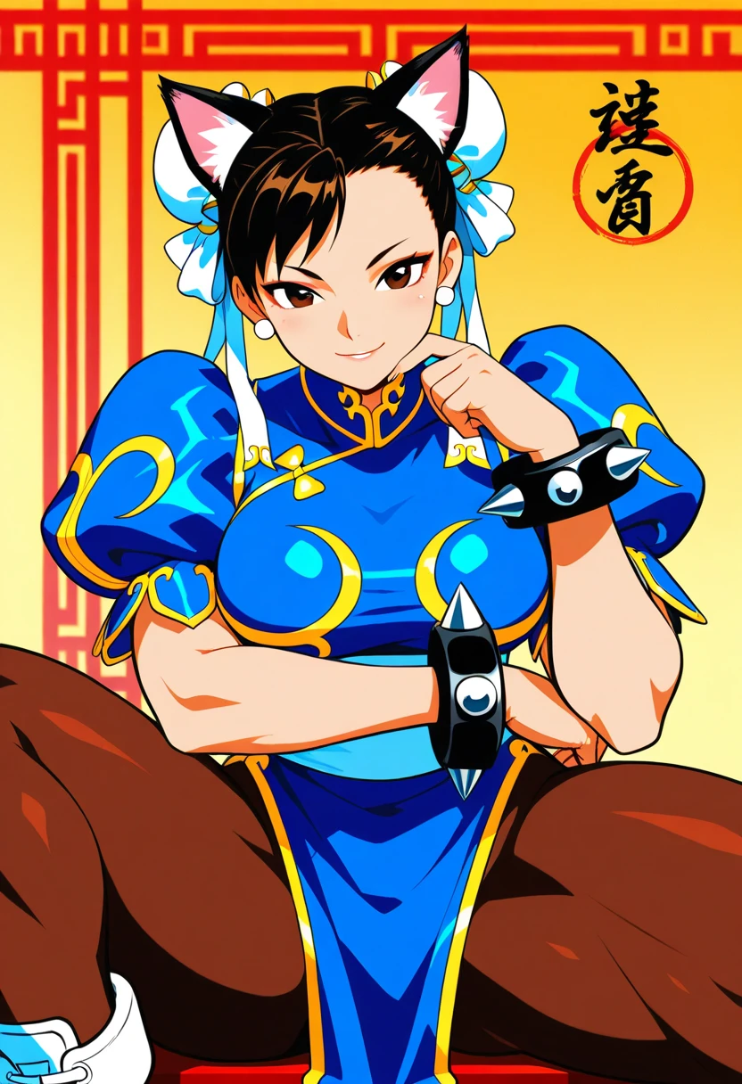 (masterpiece:1.2, best quality), (highly detailed:1.3), perfect anime illustration, chun-li, blue panties, blue dress, serious, muscles, china town, ghibli style