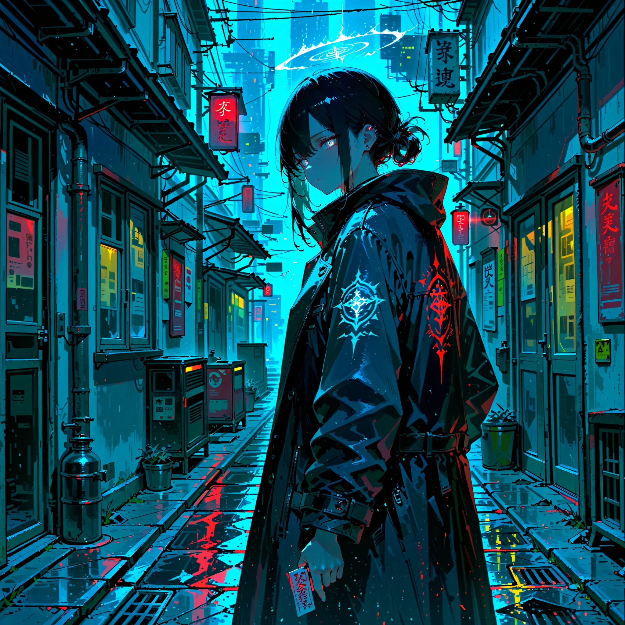 a man with a television head, cyberpunk scene, wearing a shirt, dark, alley, 1 person, highly detailed, 8k, hyperrealistic, cinematic lighting, dramatic shadows, neon lights, advanced technology, glowing elements, moody atmosphere, gritty urban environment, dystopian future, intricate details, volumetric fog, realistic skin textures, mesmerizing colors, stunning composition