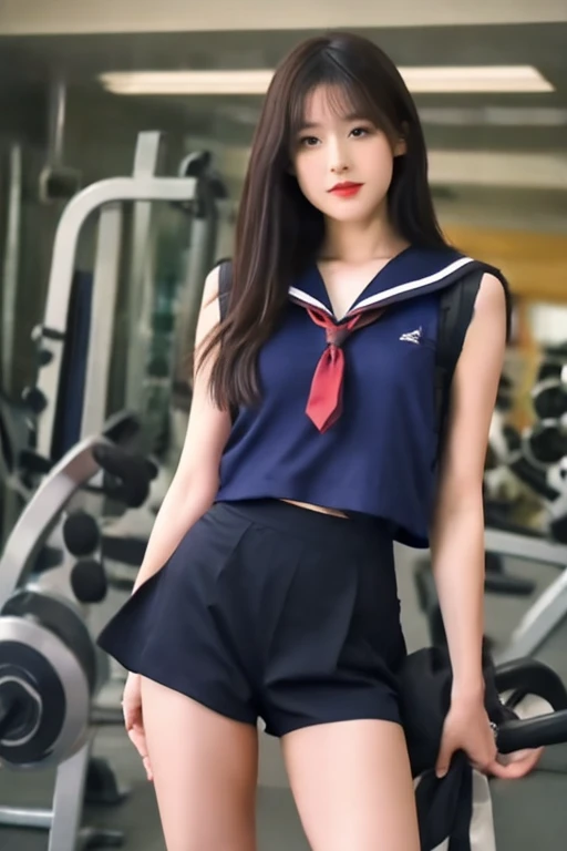 Highly detailed CG unity 8k wallpaper, of the highest quality, Super detailed, masutepiece, Realistic, photographrealistic, extremely detailed cute girl, 25yo, cleavage , (perspired) , Round eyes, peeping at the viewer, Blush, Smile, parted lip, Semi-body shot , Realistic、track suit、Realistic reproduction with vests , Panties , Squat, sports gym