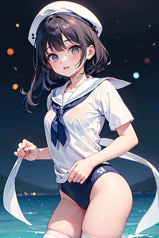 top-quality、Full limbs、complete fingers、Slender beauty、One、ssmile、embarassed expression、White Sailor School Swimsuit、knee high、straighten your legs、Put your hands on your hips