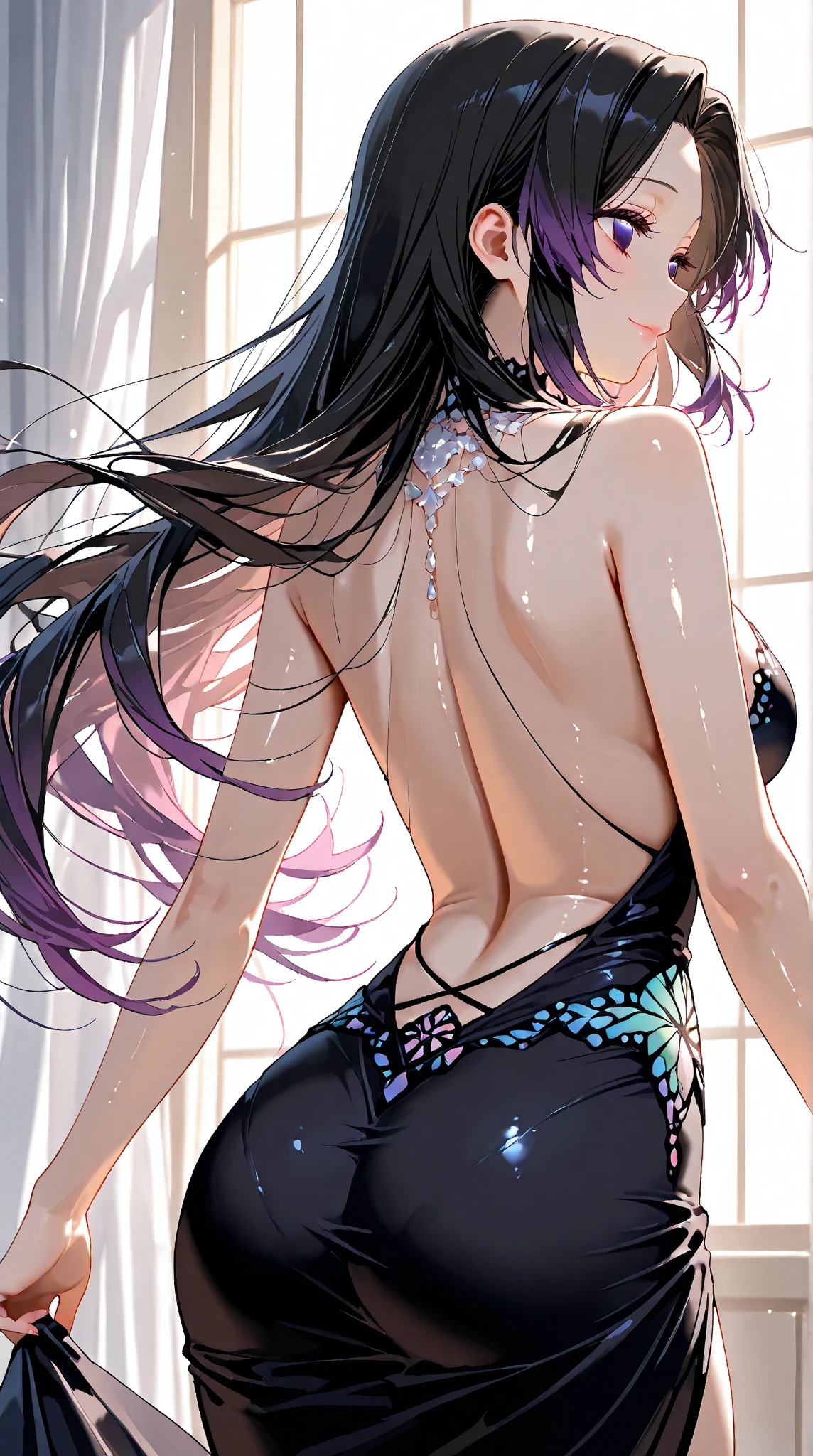 A beautiful woman with long purple hbright air, sexy dress, detailed facial features, high quality, photorealistic, cinematic lighting, dramatic colors, Put on a few pieces of mat.,big breasts,