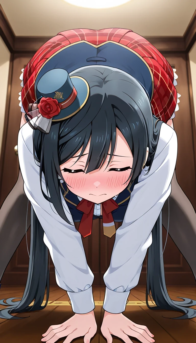 An image of Yuki Setsuna blushing , wearing a white shirt and a blue vest , short kilt posing in a room , crouched on all fours , mini top hat on the head, Back view from below