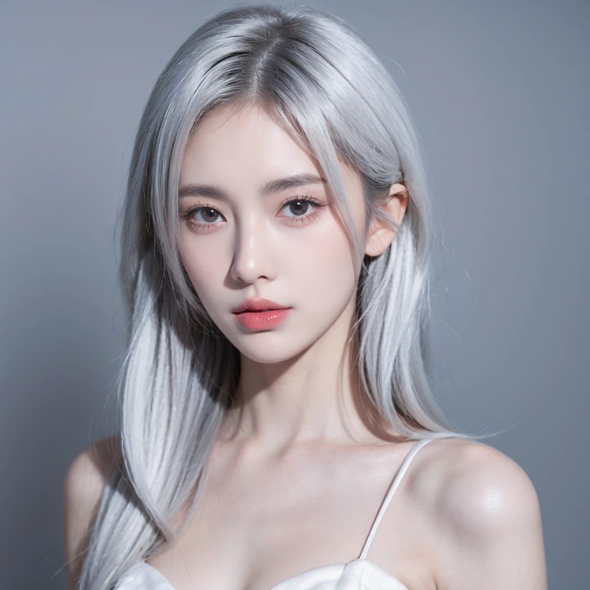 (8k, Top quality, Masterpiece:1.2), (Realistic, photo-realistic:1.37), Super detailed, perfect anatomy, cute, small eyes, silver hair, 18 years old, a Japanese, girl, huge breast, bangs,