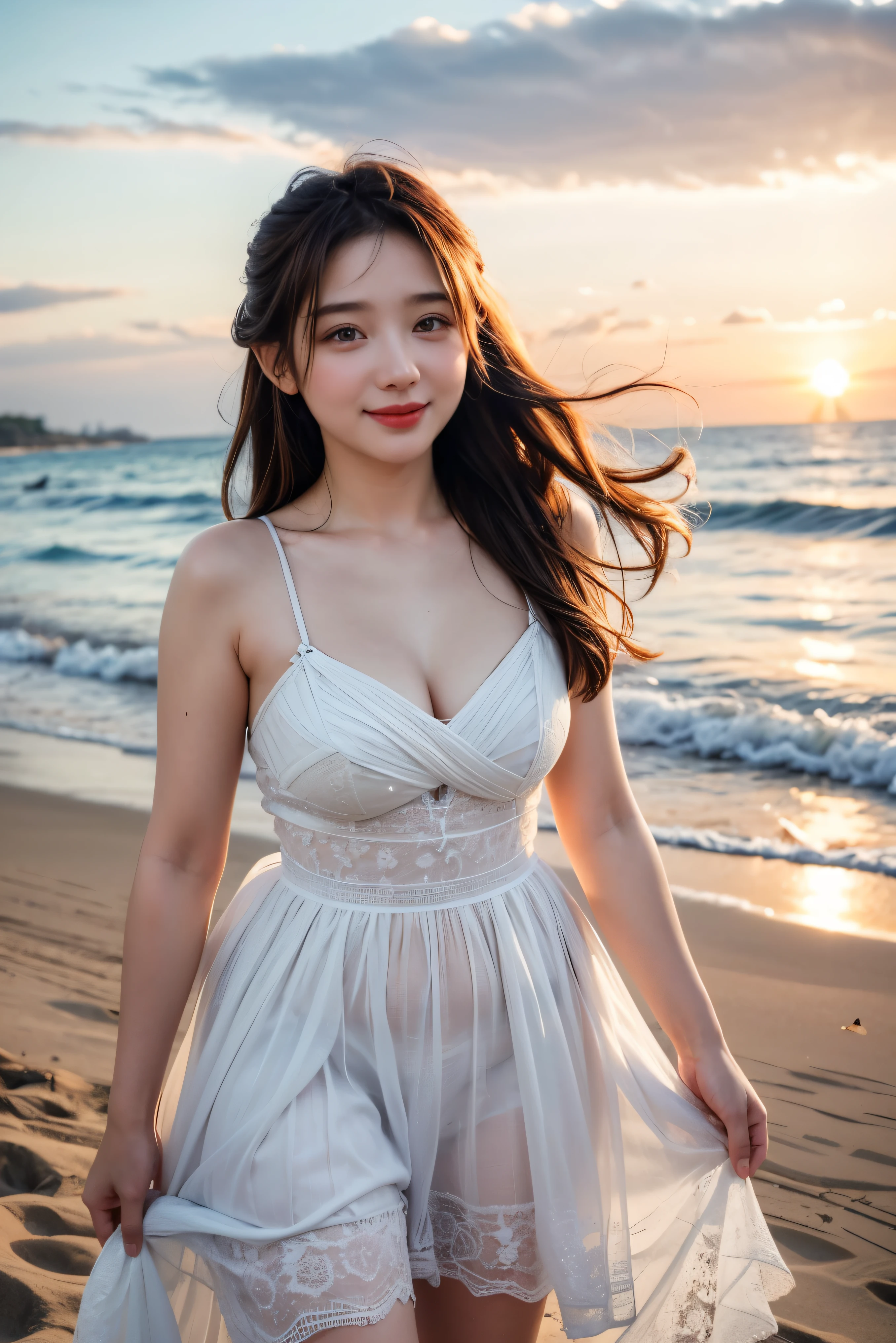 very cute and beautiful girl,frilled white summer dress with detailed lace,(highly detailed beautiful face),
(smile:1.2),blush,black hair,looking at viewer,cowboy shot,(skirt lift,white panties),
beach,distant rugged cliffs,
(best quality,masterpiece:1.2),absurdres,highres,ultra-detailed,extremely detailed,32k,8k resolution,
intricate details,cinematic scene,detailed background,solo,dynamic angle,
hair fluttering in the wind,beautiful detailed sky,