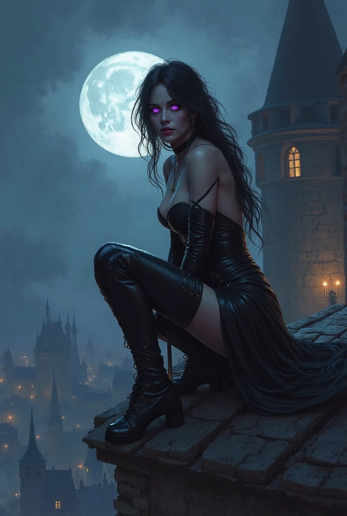one girl, Black Trousers,  Black Top, Gothic Style, Black Boots, Black Stockings, Dark and Purple Hair , Eyes Shadows ++ , Darker Lips + , Gothic make-up, (Best quality:1.1), (Masterpiece:1.4), 1fille, (cheveux volumineux)+ , cheveux longs , (Yeux Bleux) , gros seins , (Large, dark lips)+ , peau brillante, brillant, starry night, dans une chambre, Bas dentelle, In the street ,Neons Light,  Stary Sky , Full Moon