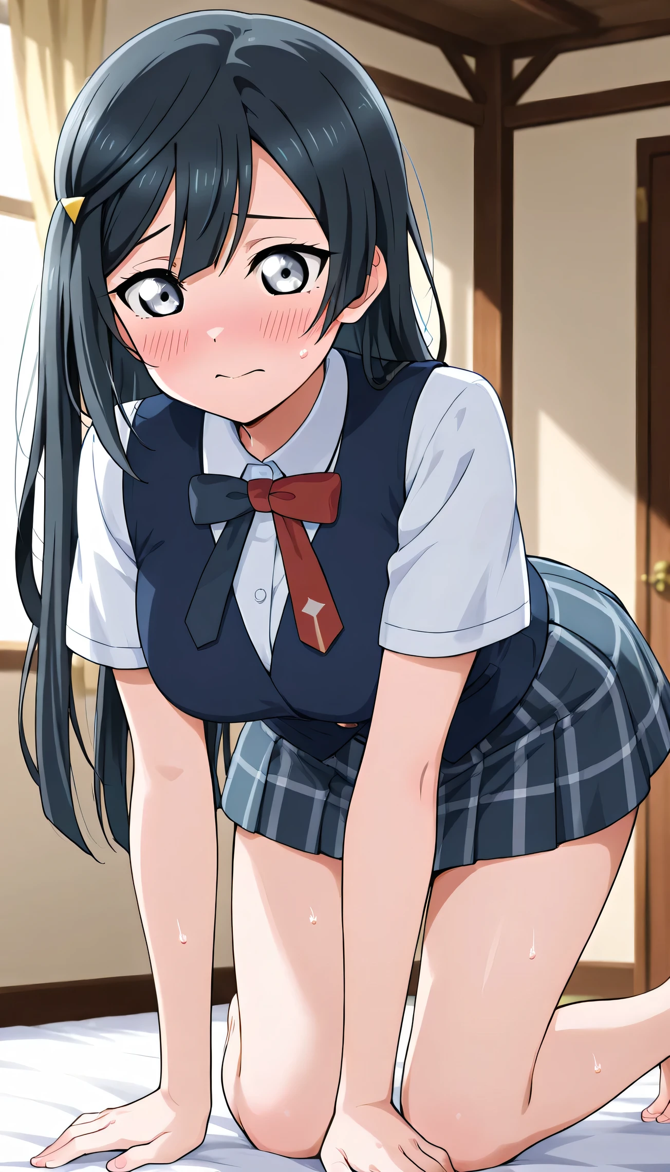 An image of Yuki Setsuna blushing , wearing a white shirt and a blue vest , short kilt posing in a room , crouched on all fours ,