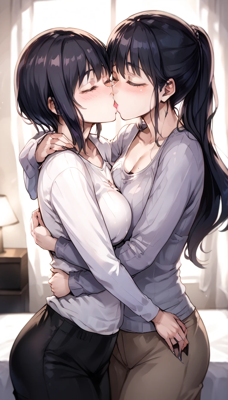 (8K, Raw photo, Highest quality, masterpiece:1.2,Perfect Anatomy),(fisheye lens),(nsfw:1.9), (kiss:1.4),(((tongue))), closed eyes,(2 girls:1.5),Private room,Natural light,(((10 years old))),(((Lie down in bed))),Proudly,((flat chest)),thick nipples,light crimson nipples,Shapely nipples,Beautiful nipples,Shiny nipples,standard weight, Small Butt,Black Hair,Semi-long hair,Completely naked, sweat:1.2,((Close up from the side)),cowboy shot,Flushed expression,Perfect vagina,Perfect anus,steam,pussy juice,hug, brown eyes