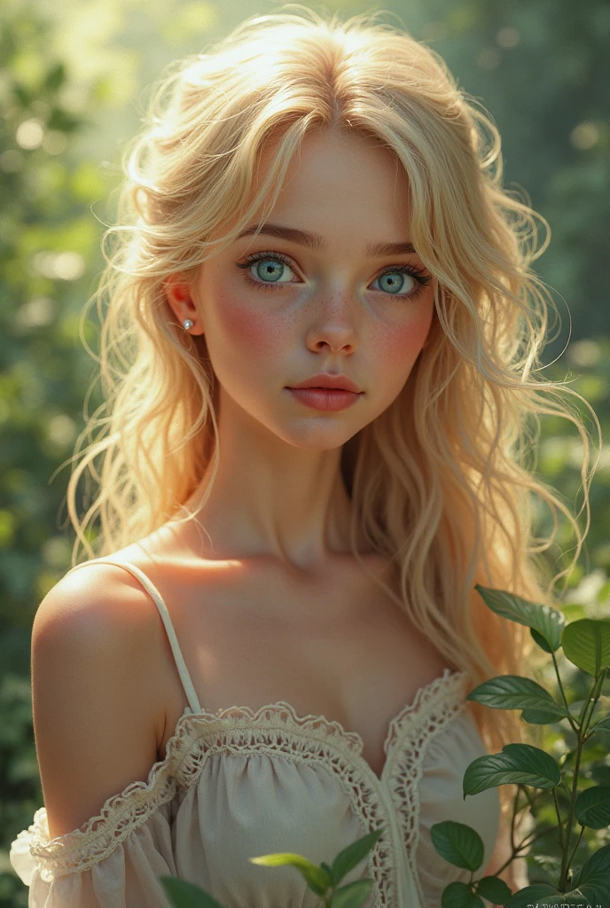 (Best quality,4K,a high resolution,masterpiece:1.2),ultra detailed,(realistic:1.37),beautiful detailed eyes,beautiful detailed lips,extremely detailed eyes and face,long eyelashes,Lonely albino girl with heterochromia,green eyes Slytherin style,white eyes,Girl in floral dress,A girl stands in a blooming garden with bright flowers,soft sunlight