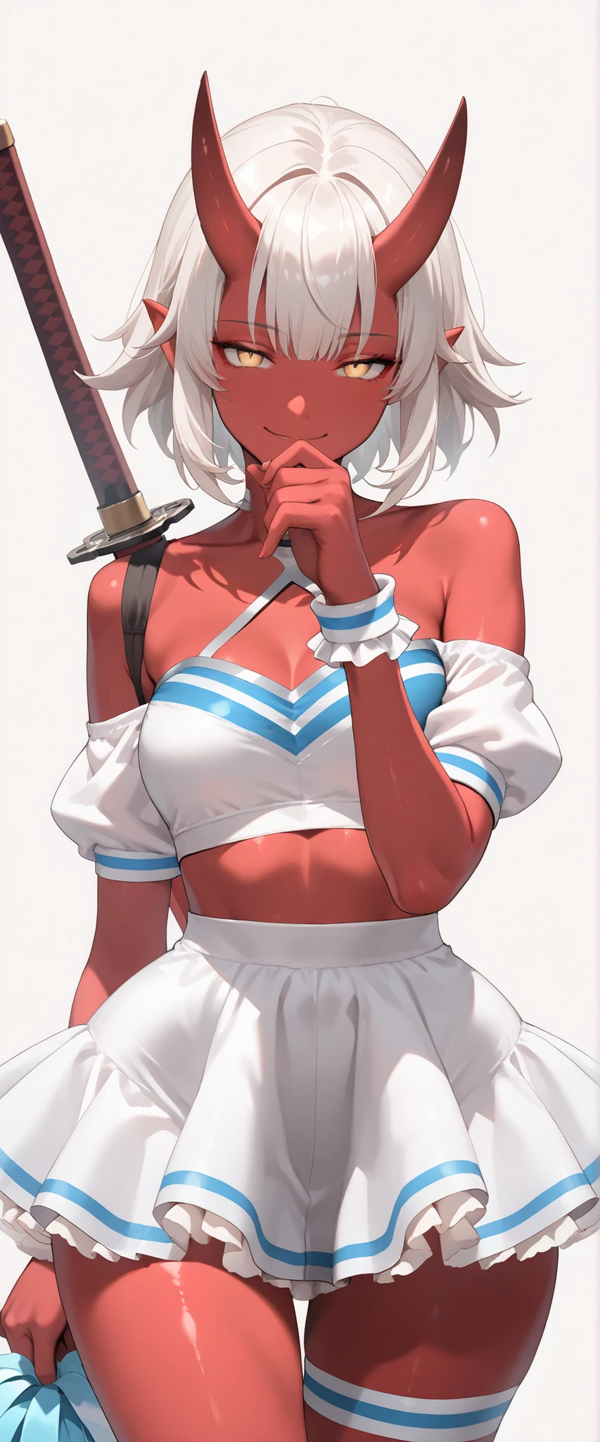 (masterpiece), best quality, expressive eyes, perfect face, ((1 girl)), Oni, horns, pointy ears, short hair, white hair, yellow eyes, medium , expansion, seductive pose, seductive smile, looking down at viewer, cowboy shot, ((( Cheer leader, Micro skirt, Tutu, frilled, off shoulder))), (( plain background)), semi realistic, (((red skin))), (((holding pompoms, katana on back))), ((( wide hips))), garter