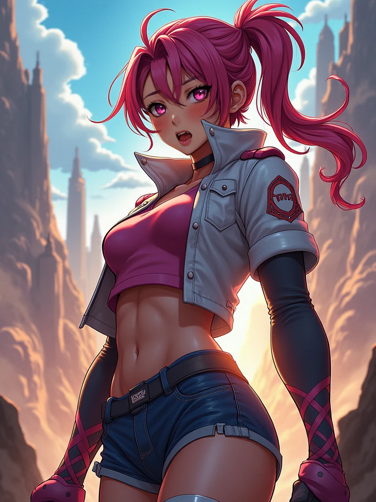 (4k definition) Ariana Grande from tenguen toppa gurren laggan, cute. bikini top with flames print under leather jacket, black leather shorts,, gloves, sitting, looking at the viewer, background: grand canyon, beautiful sunset