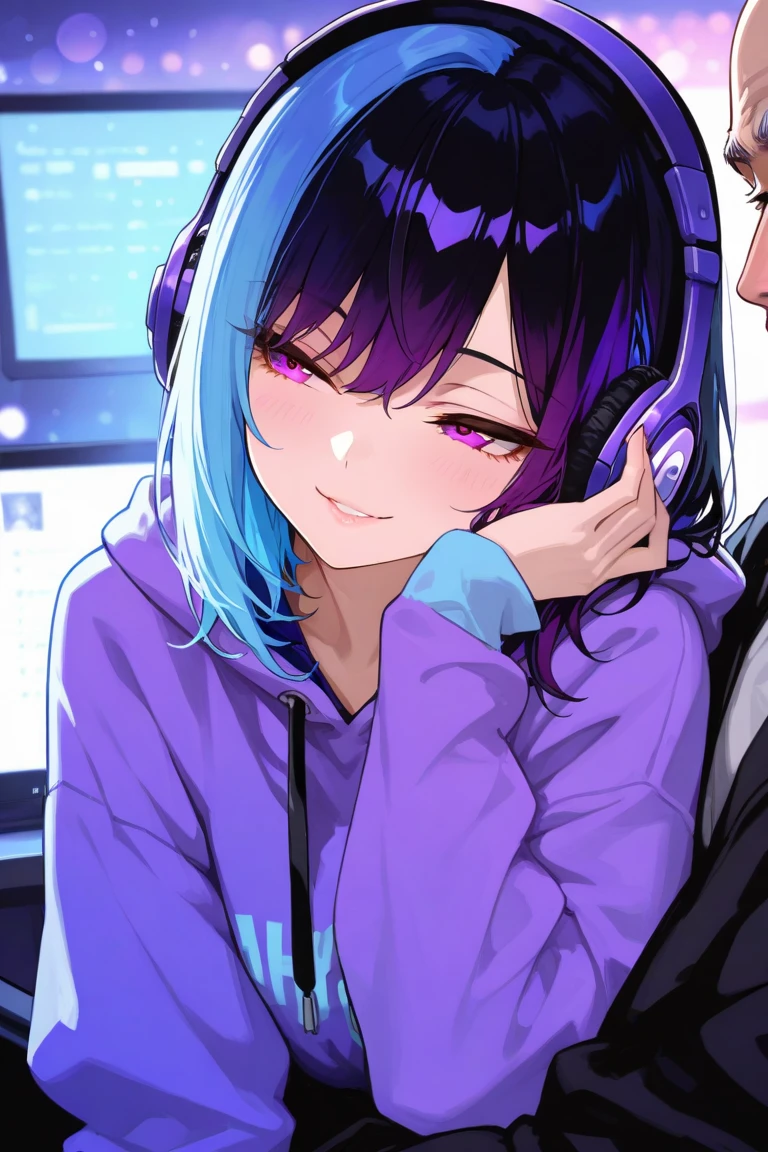 ((Masterpiece)) , ((Ultra High Quality)) , ((Ultra Details)) , ((4k)) , 1Girl , Solo , Women , Short Hair , Hair Flower , ( Iris Flower ) , Purple Hair Color , Blue Eyes , (Eyes Details) , Sweatshirt , Skirt , Cute Face , Cute Smile , Headphone , Gaming pose