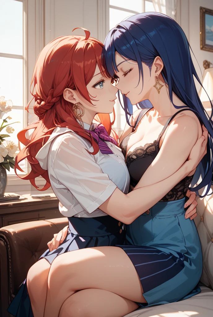 2 Girls, posing for a photo on the bed, Embrace each other, Big, I can see her cleavage, (Redhead), Blushed, See-through pants are visible, breastplate, mini skirt, Large Breasts, Pixiv, Anime Girls, Captivating smile, (Beautiful attention to detail:1.6), Highly detailed face, Perfect lighting, A highly detailed anime illustration, (Perfect hands, Perfect Anatomy),
